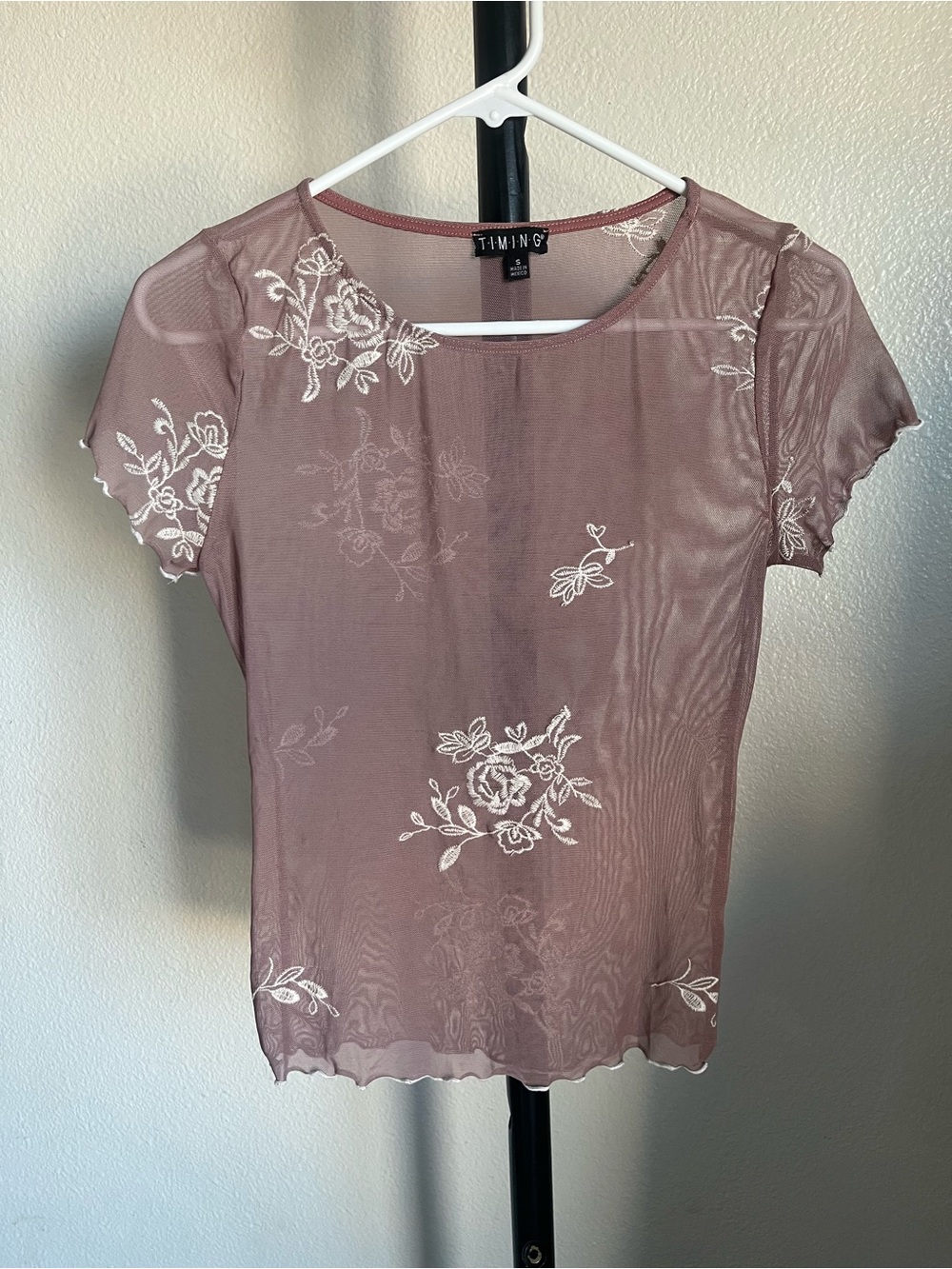 TIMING Mauve Floral Mesh Short Sleeve Top